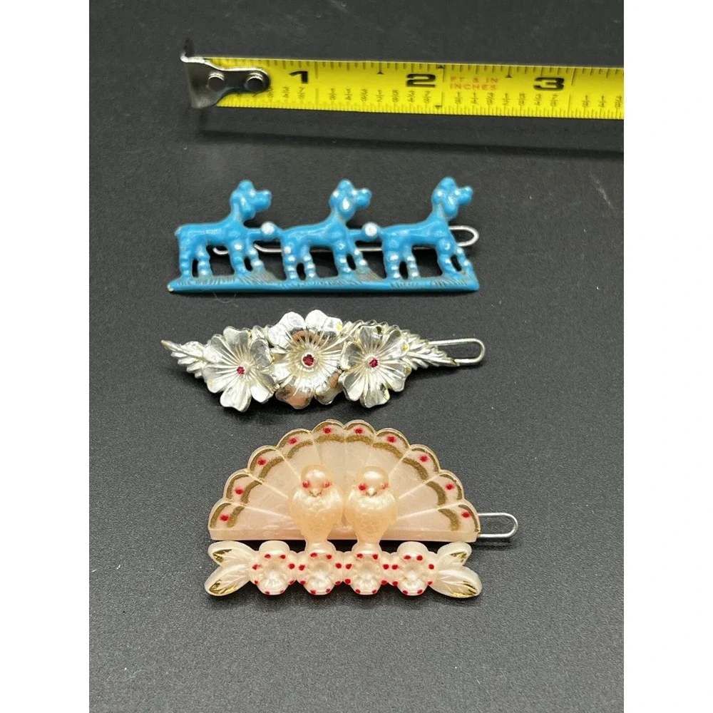 VTG Plastic POODLE‎ BIRDs FLOWERS Hair Clip Barrette 1950s Children - Set Of 3